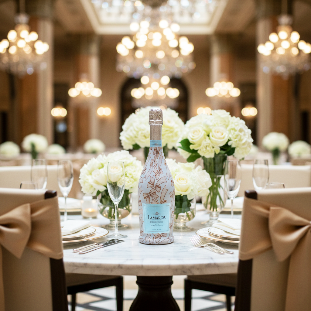 Beige Bows Bottle Wrap on La Marca Prosecco