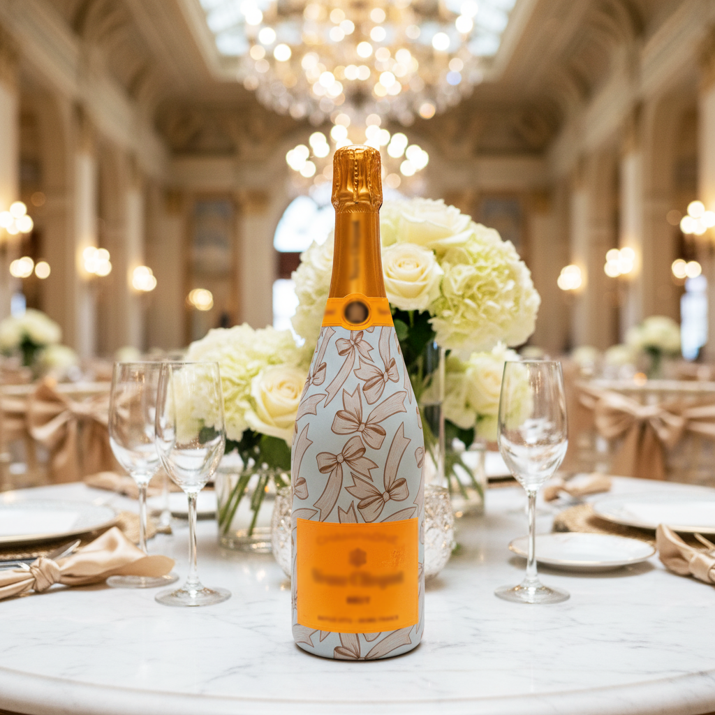 Beige Bows Bottle Wrap on Champagne Bottle
