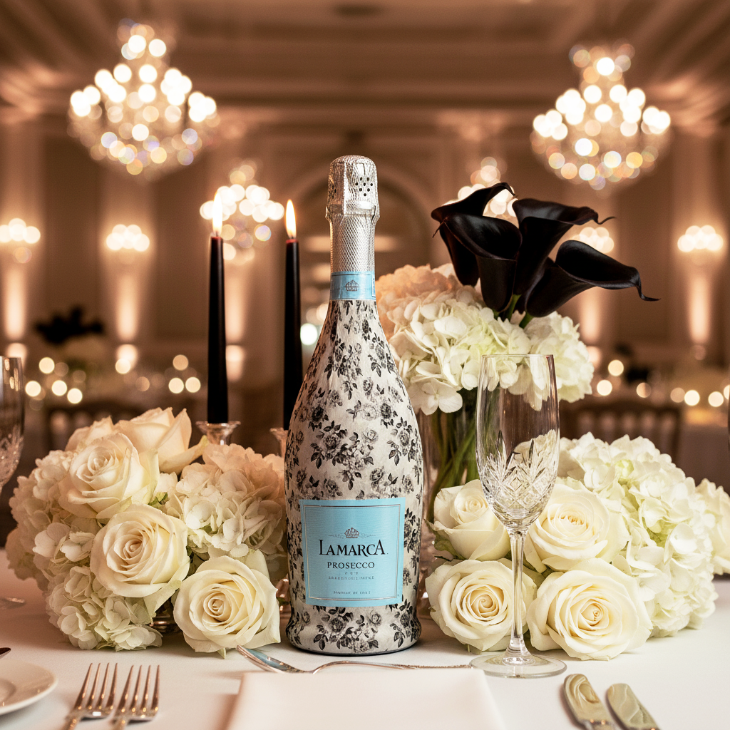 Black and White Floral Bottle Wrap on La Marca Prosecco
