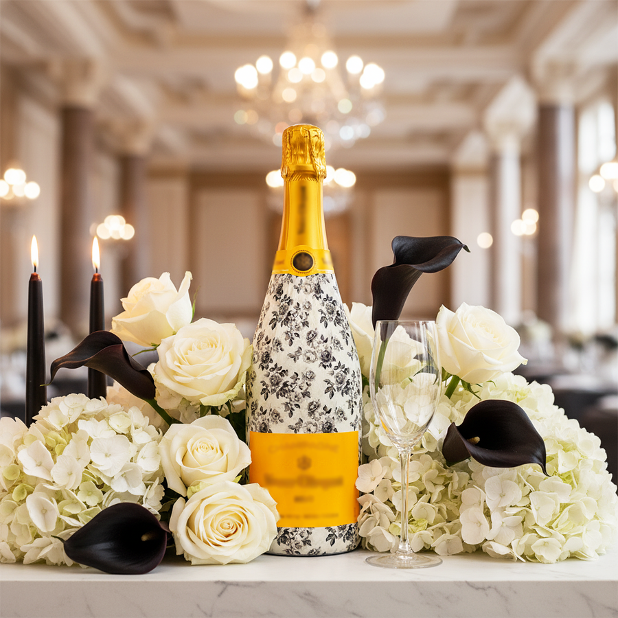 Black and White Floral Bottle Wrap on Champagne Bottle