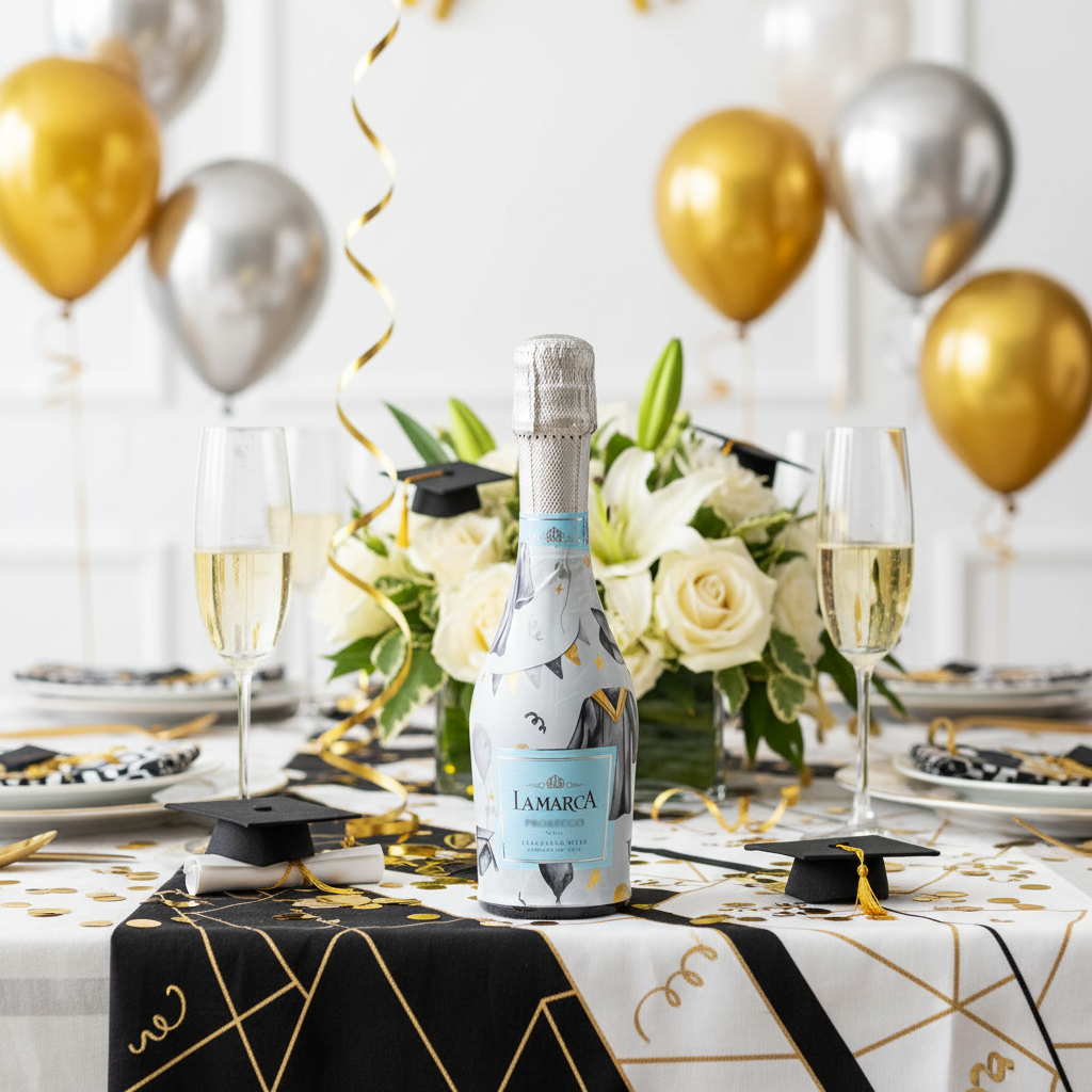 Black and Gold Graduation Bottle Wrap on La Marca Prosecco