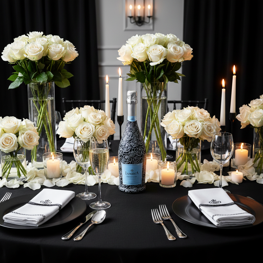 Black and White Roses Bottle Wrap on La Marca Prosecco