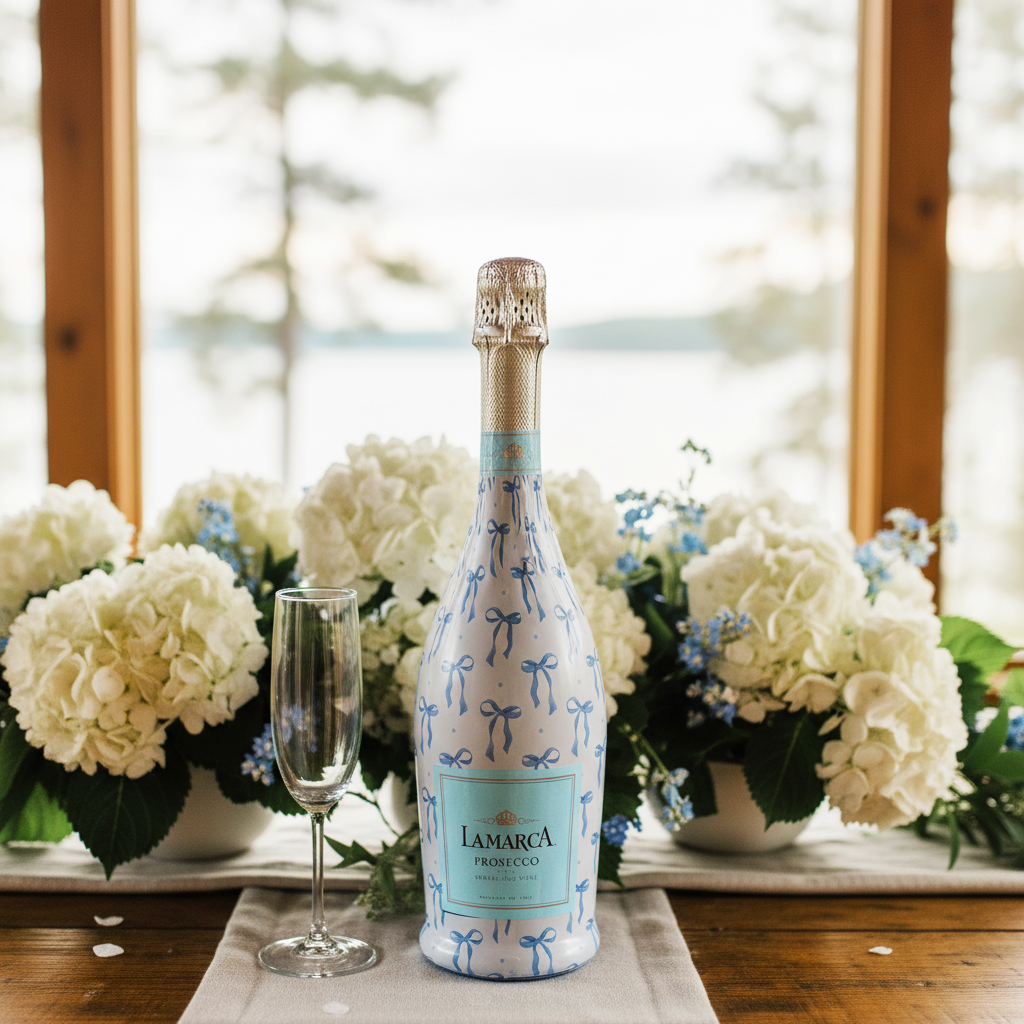 Grandmillenial Blue Bows Bottle Wrap on La Marca Prosecco