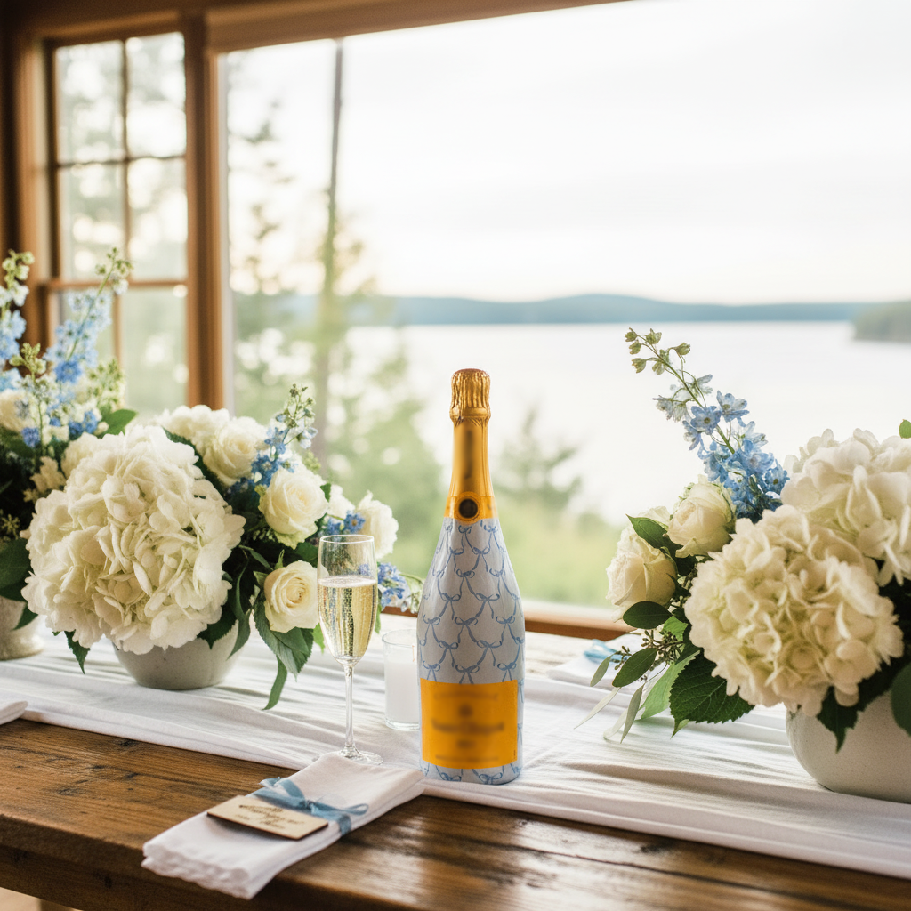 Grandmillenial Blue Bows Bottle Wrap on Champagne Bottle