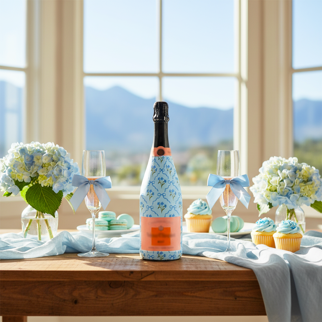 Blue Bows and Blossoms Bottle Wrap on Champagne Bottle