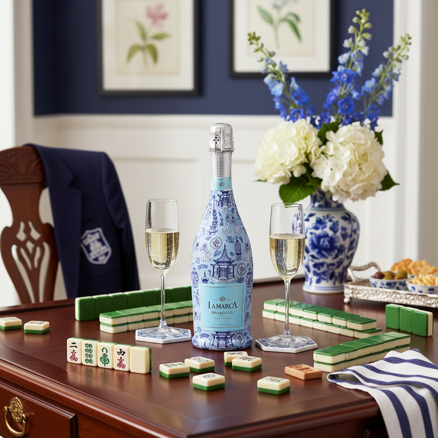Blue Chinoiserie Pagodas by Carrie Cantwell Prosecco Bottle Wrap