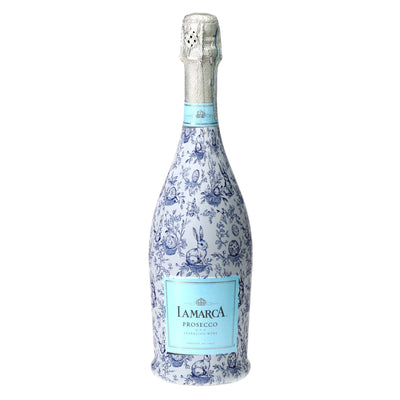 Blue Easter Bunny Toile Prosecco Bottle Wrap bottle wrap on a La Marca prosecco bottle