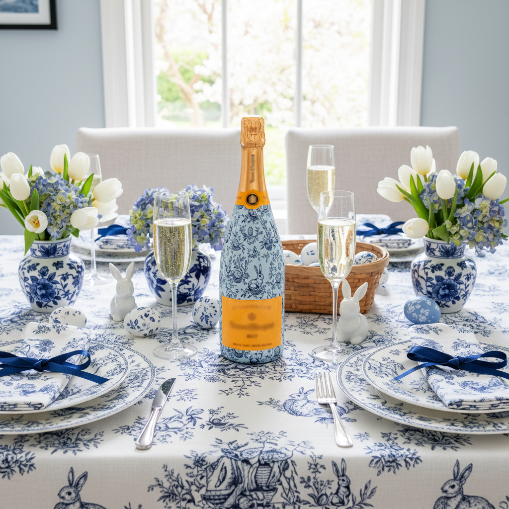 Blue Easter Bunny Toile Bottle Wrap on Champagne Bottle