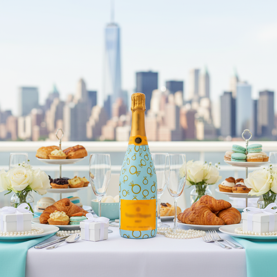 Blue Engagement Ring Bottle Wrap on Champagne Bottle