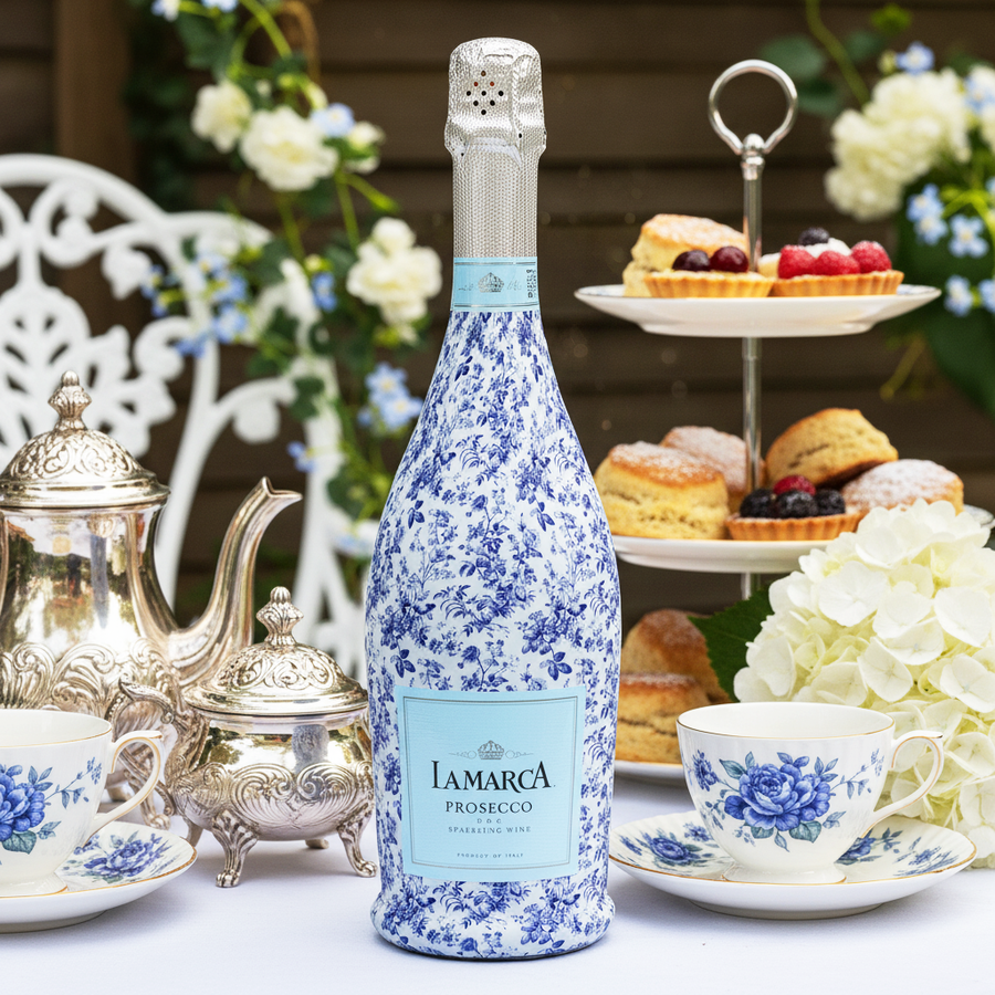 Blue Floral Bundle Bottle Wrap on La Marca Prosecco