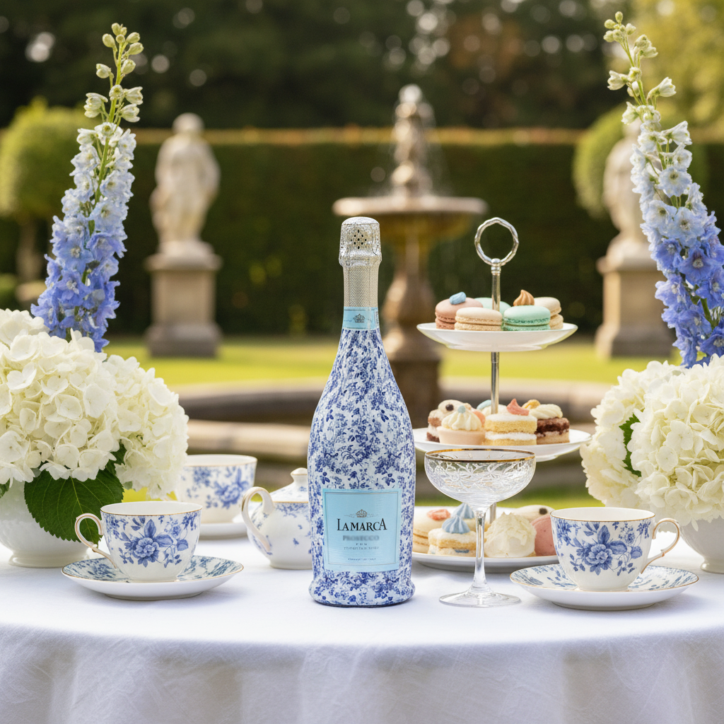 Grandmillenial Blue Floral Bottle Wrap on La Marca Prosecco