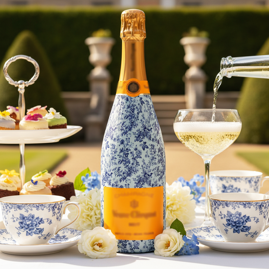 Grandmillenial Blue Floral Bottle Wrap on Champagne Bottle