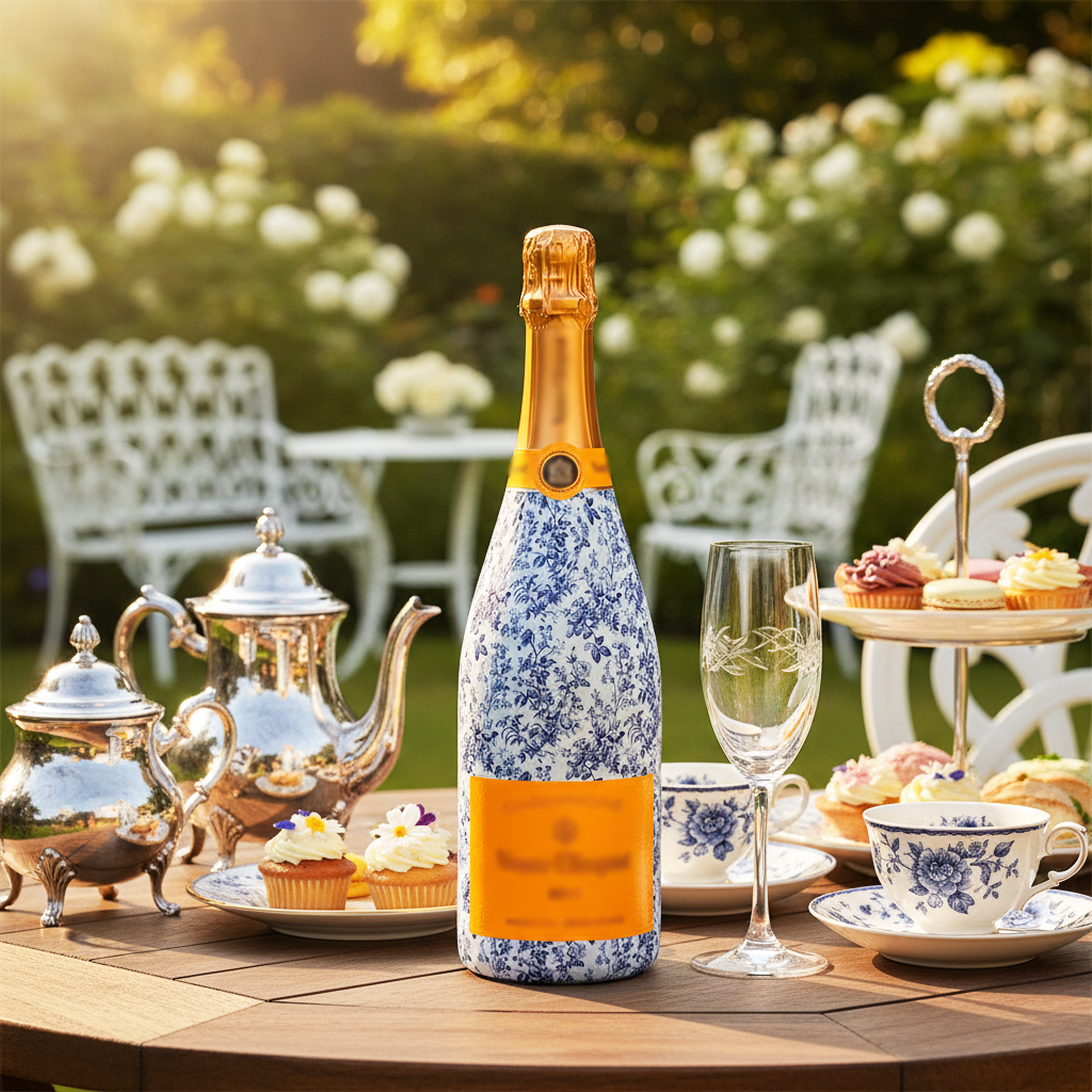 Grandmillenial Blue Floral Bottle Wrap on Champagne Bottle