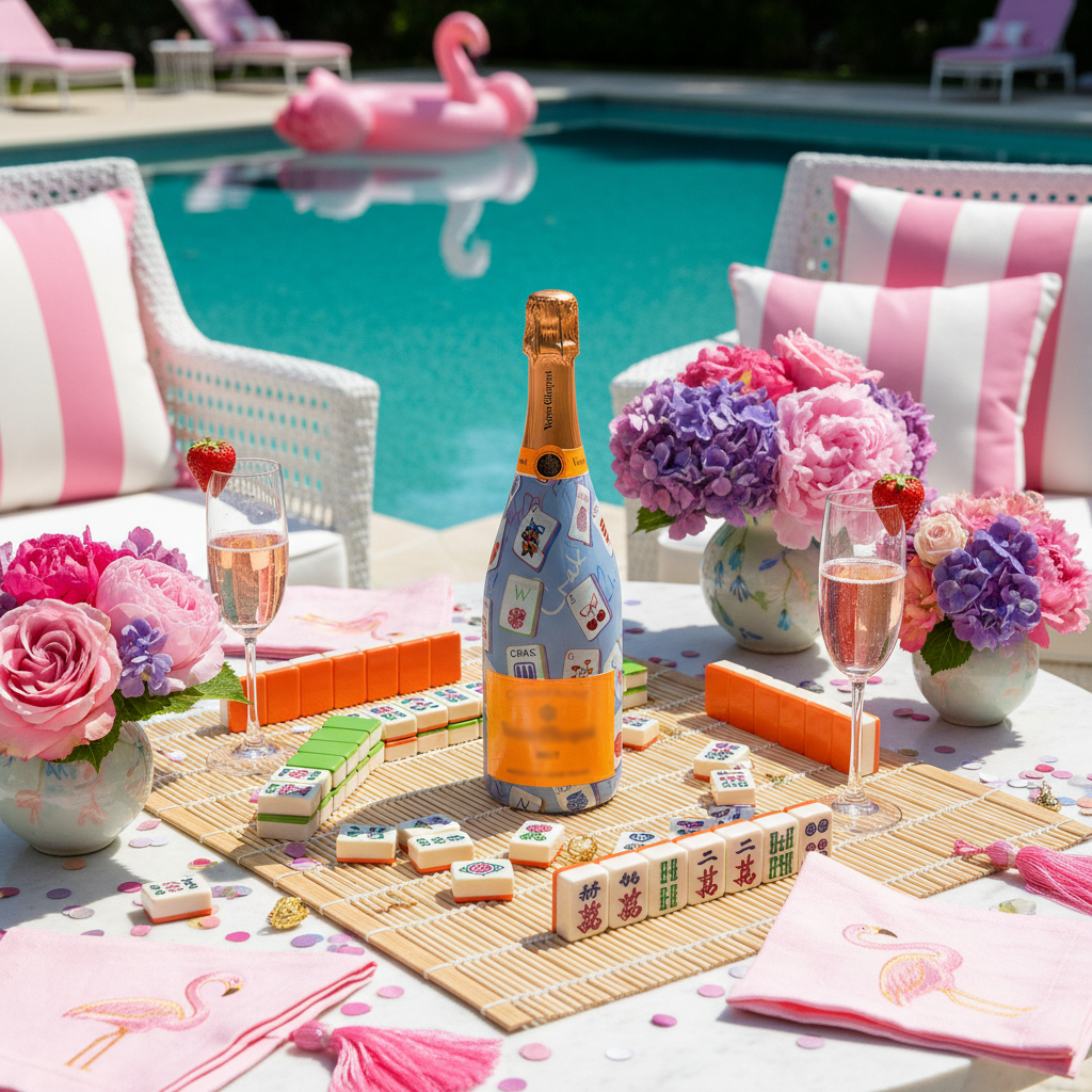 Pastel Blue Mahjong Bottle Wrap on Champagne Bottle