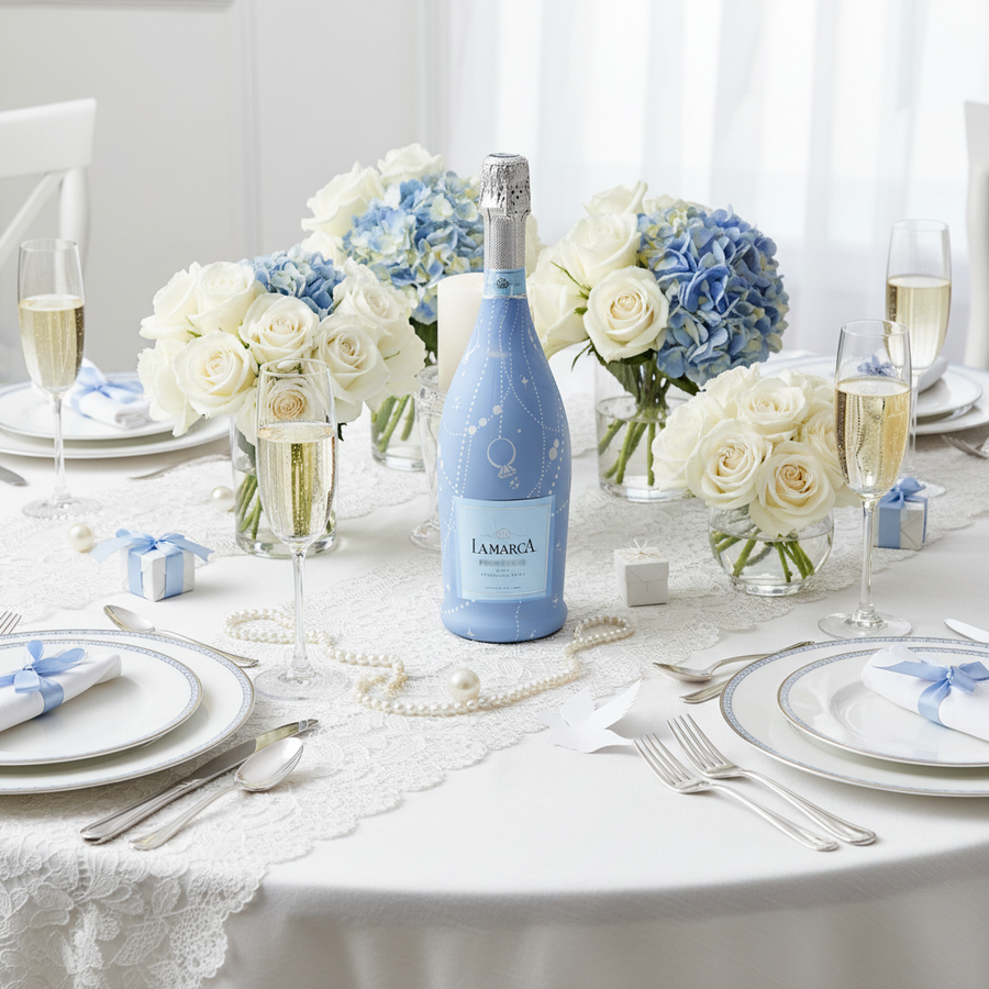 Blue Pearls and Prosecco Bottle Wrap on La Marca Prosecco