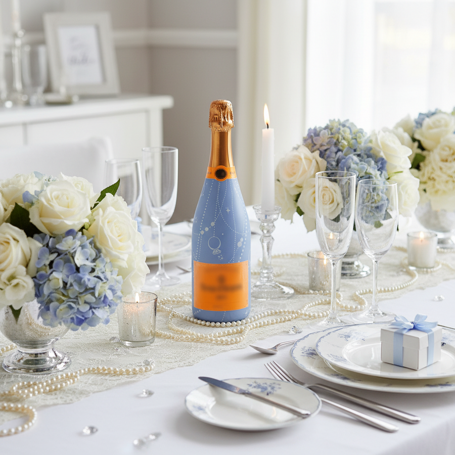 Blue Pearls and Prosecco Bottle Wrap on Champagne Bottle