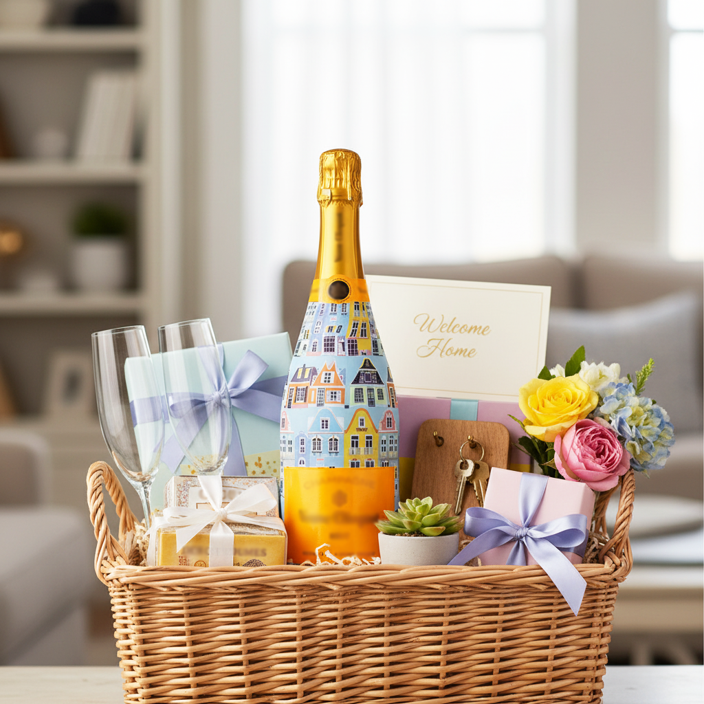 Blue Row Houses Bottle Wrap on Champagne Bottle