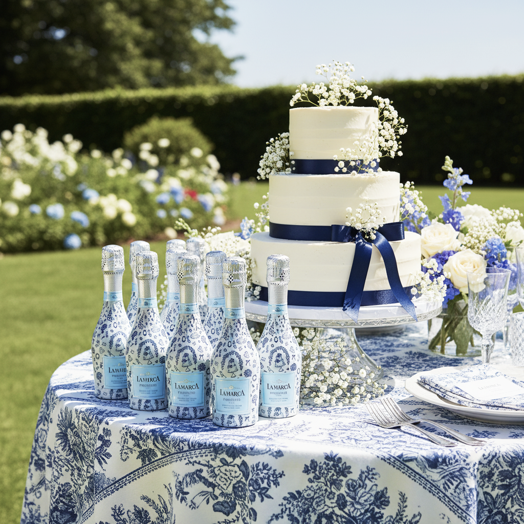 Beau Bottles Blue & Ivory WeddingToile- MINI Prosecco Collection - Set of 6 (Wraps Only)