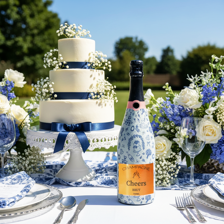 Blue Wedding Toile Champagne Bottle Wrap