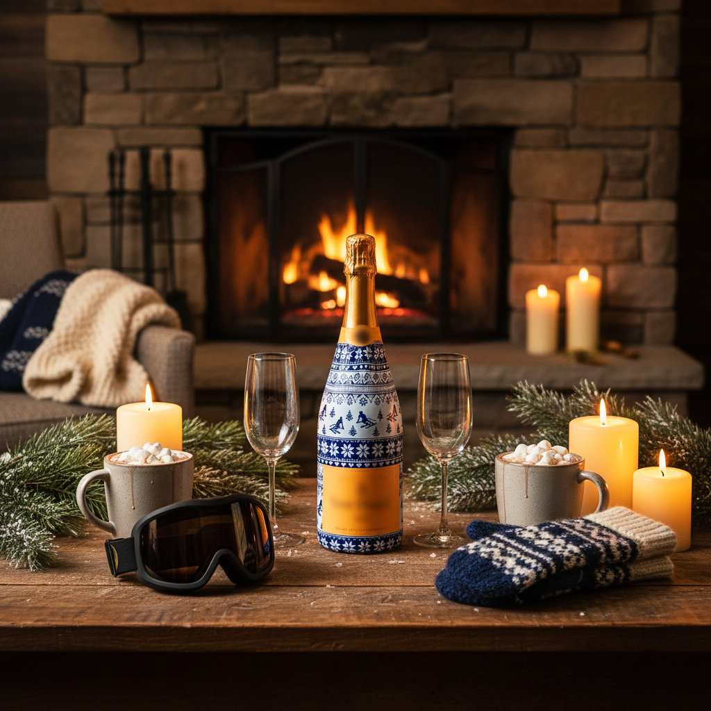 Blue and White Knitted Ski Bottle Wrap on Champagne Bottle