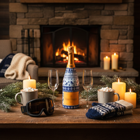 Thumbnail for Blue and White Knitted Ski Bottle Wrap on Champagne Bottle