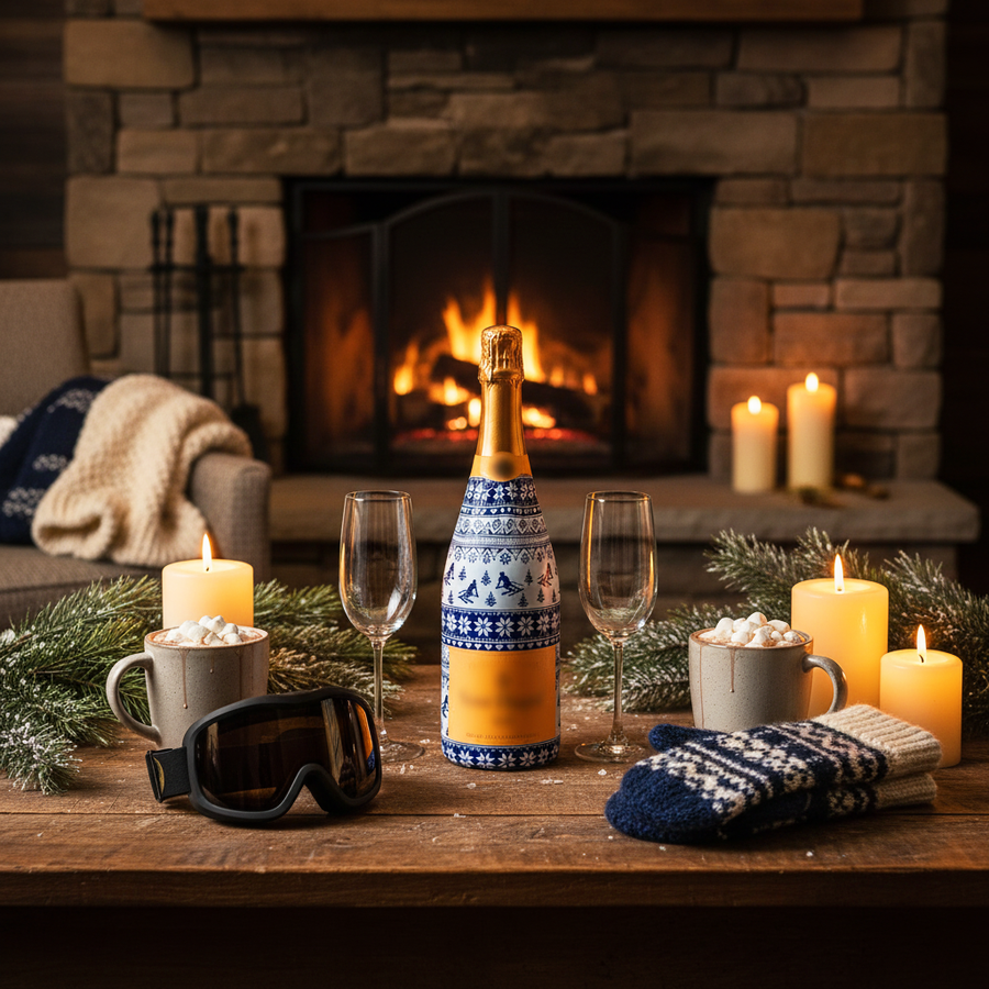 Blue and White Knitted Ski Bottle Wrap on Champagne Bottle