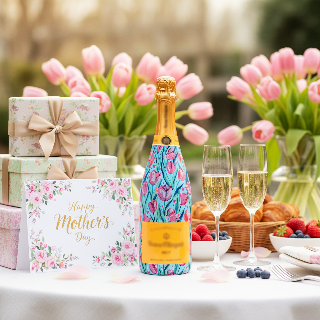 Blushing Tulip Garden Bottle Wrap on Champagne Bottle