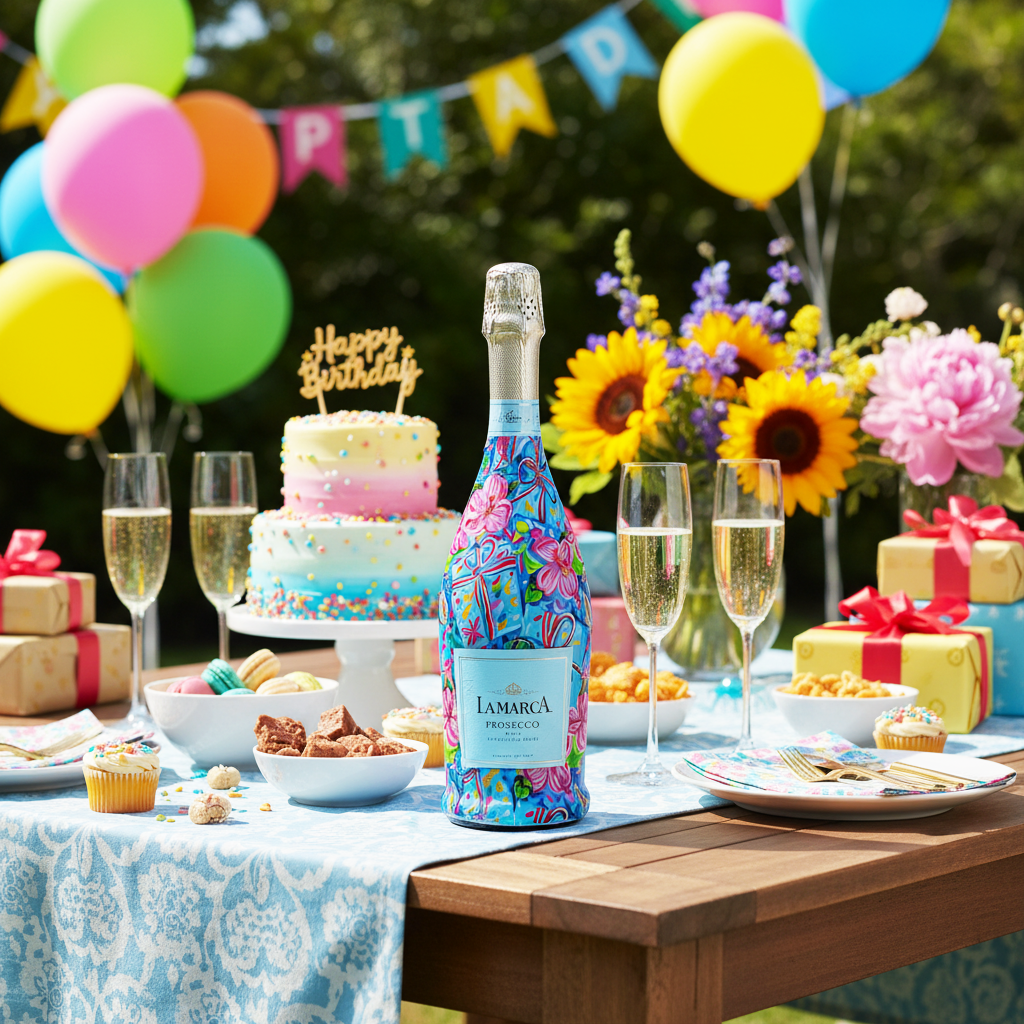 Preppy Happy Birthday Brushed Presents Bottle Wrap on La Marca Prosecco