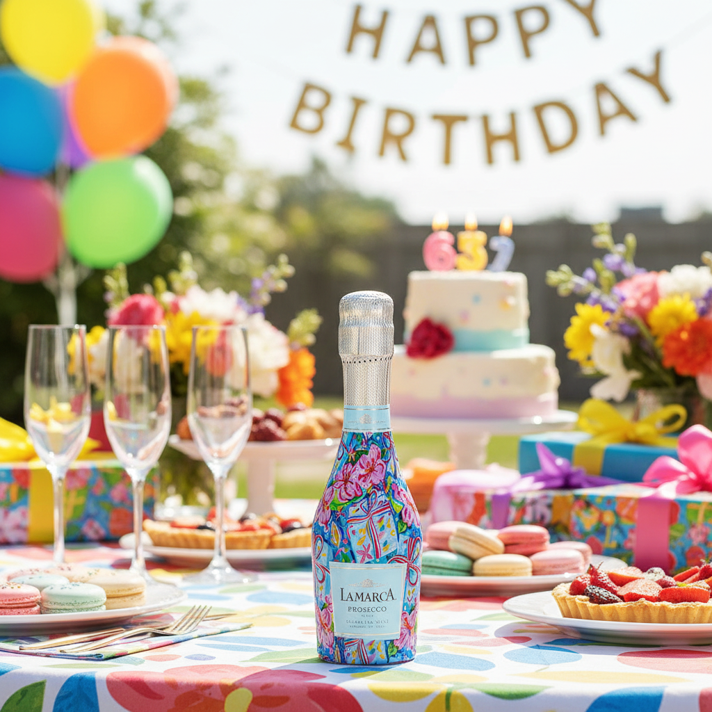 Happy Birthday Brushed Presents Mini Bottle Wrap Set on Mini La Marca Prosecco