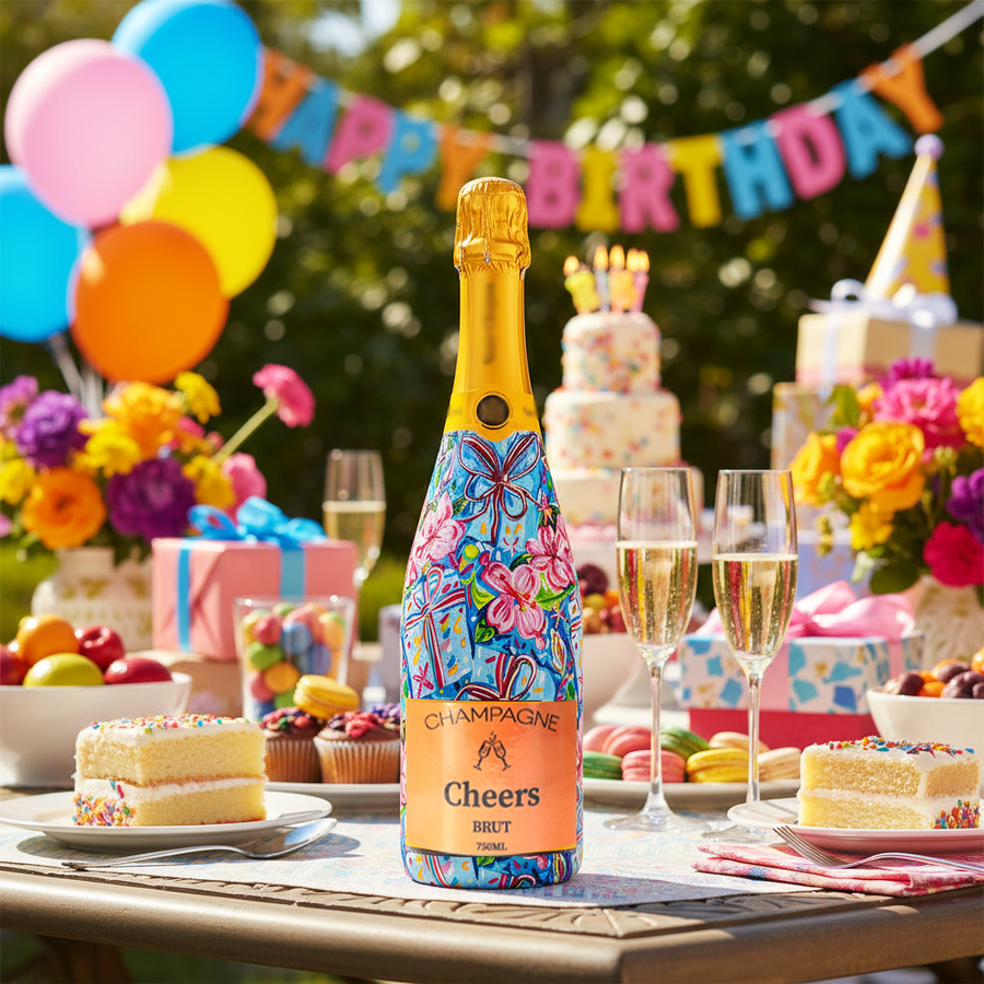 Preppy Happy Birthday Brushed Presents Champagne Bottle Wrap
