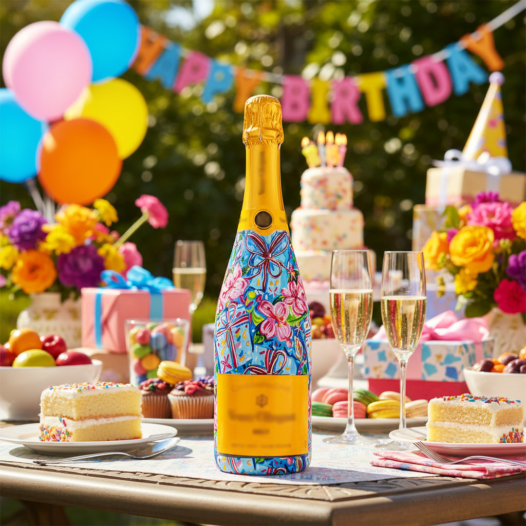 Preppy Happy Birthday Brushed Presents Bottle Wrap on Champagne Bottle
