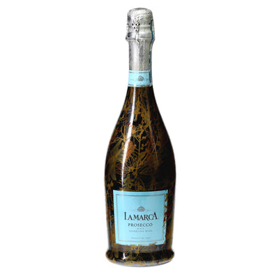 Clear Golden Botanical Prosecco Bottle Wrap bottle wrap on a La Marca prosecco bottle
