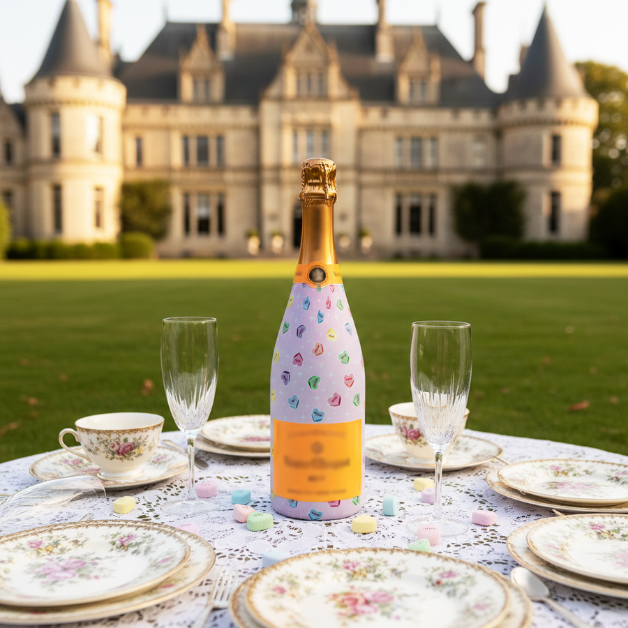 Limited Edition Conversation Hearts Bottle Wrap on Champagne Bottle