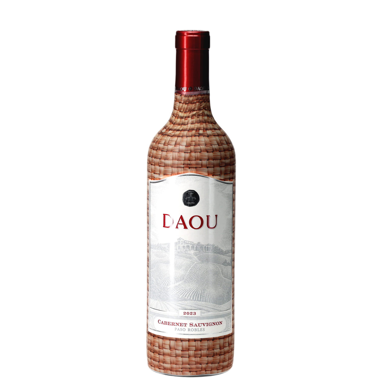 Limited Edition Chestnut Rattan Weave - DAOU Wine bottle wrap on a wine bottle