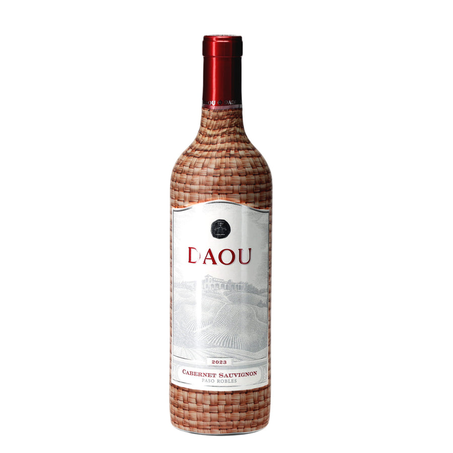 Limited Edition Chestnut Rattan Weave - DAOU Wine bottle wrap on a wine bottle