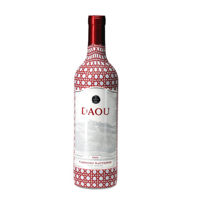 Limited Edition Deep Red & White Cane - DAOU Wine bottle wrap on a wine bottle