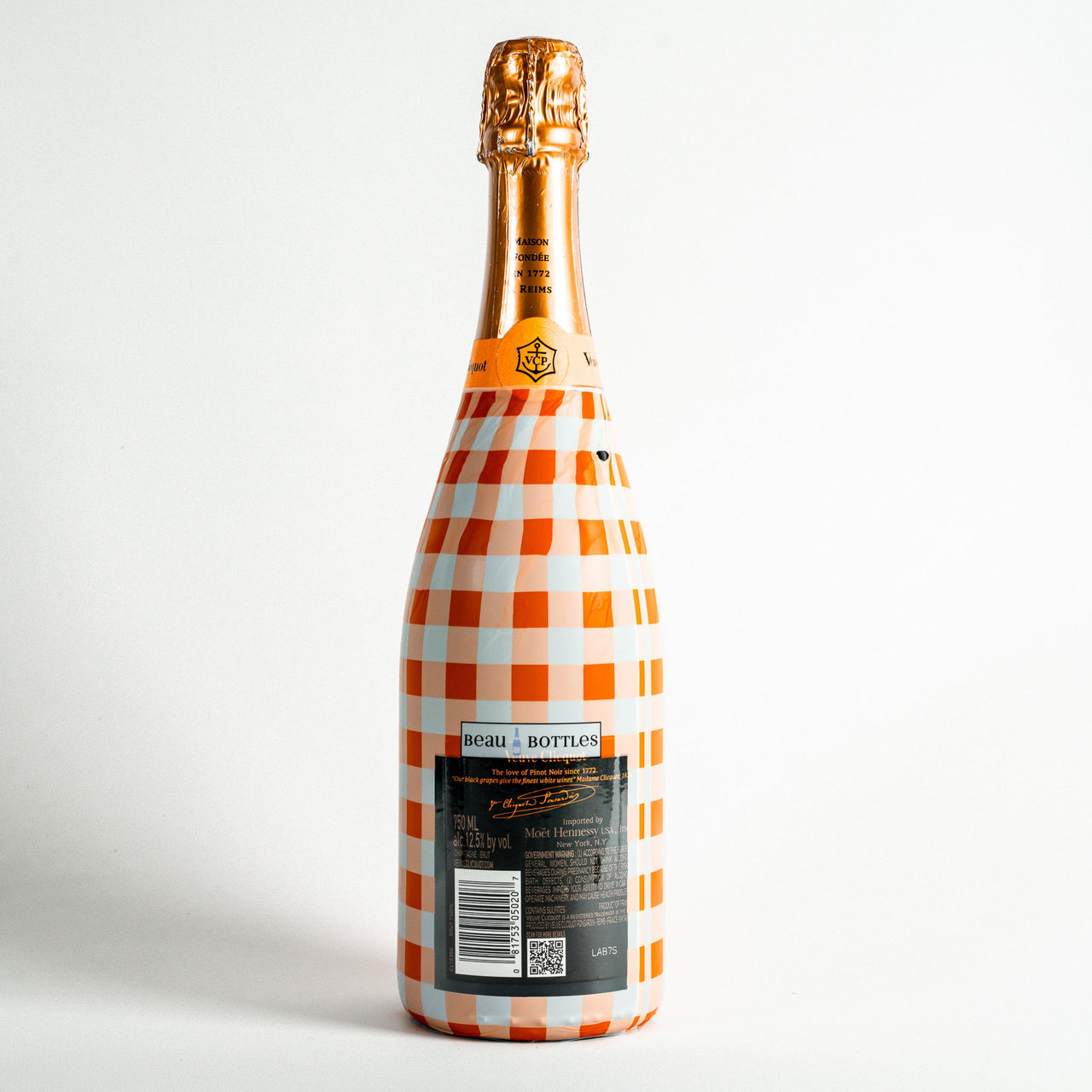 Orange and White Gingham – Champagne Collection Bottle Wrap on Champagne Bottle
