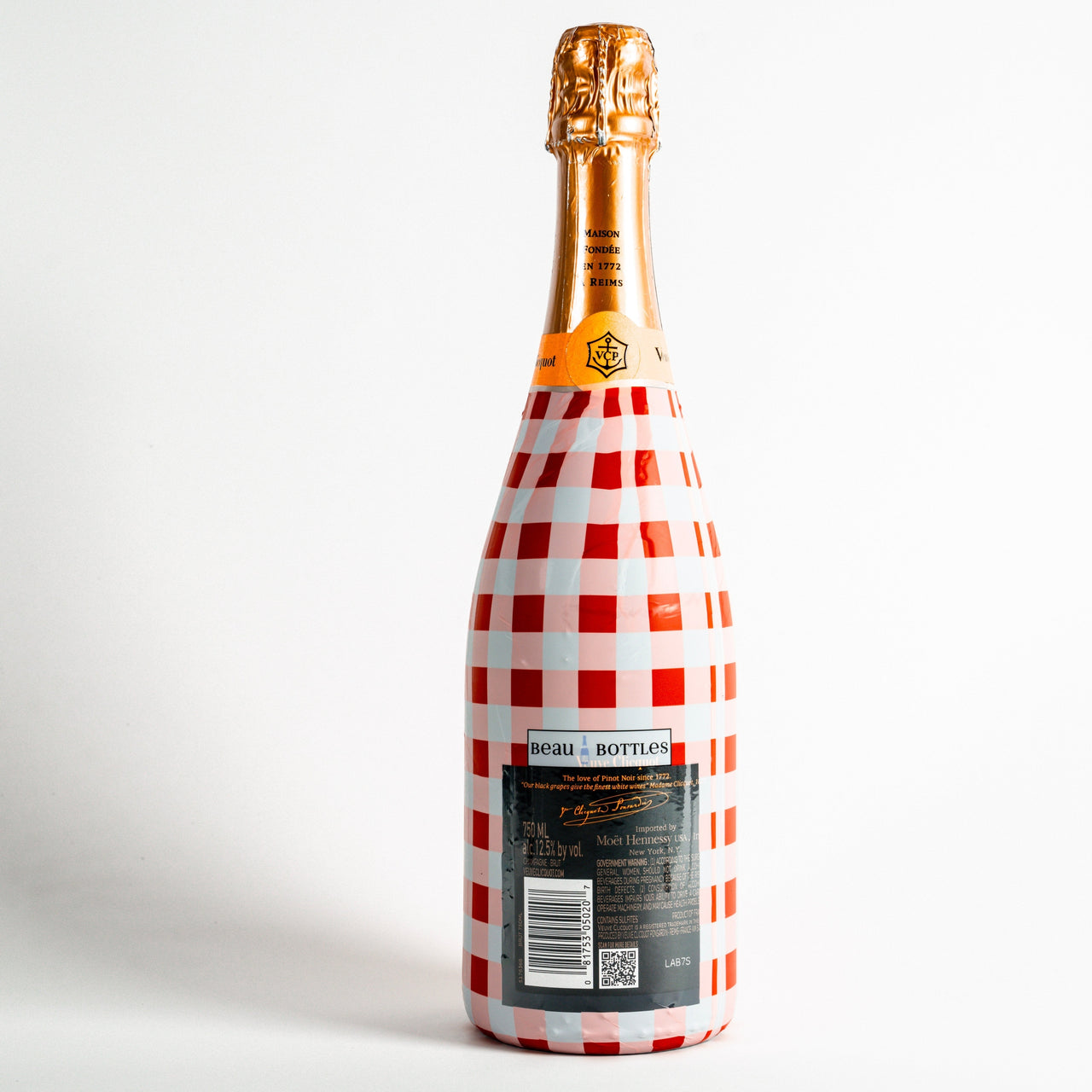 Red and White Gingham – Champagne Collection Bottle Wrap on Champagne Bottle