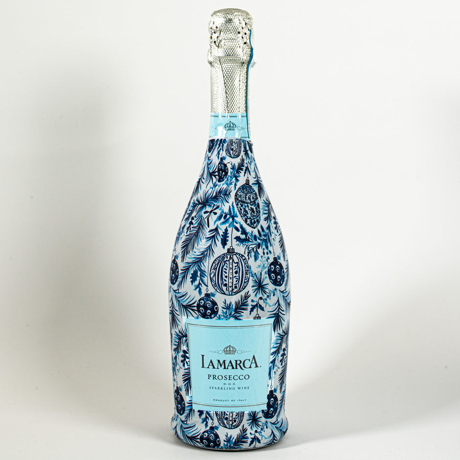 Limited Edition Blue and White Ornament Bottle Wrap on La Marca Prosecco