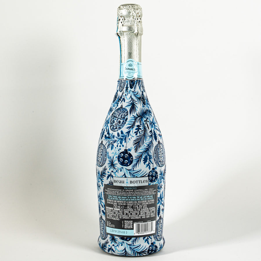 Limited Edition Blue and White Ornament Bottle Wrap on La Marca Prosecco