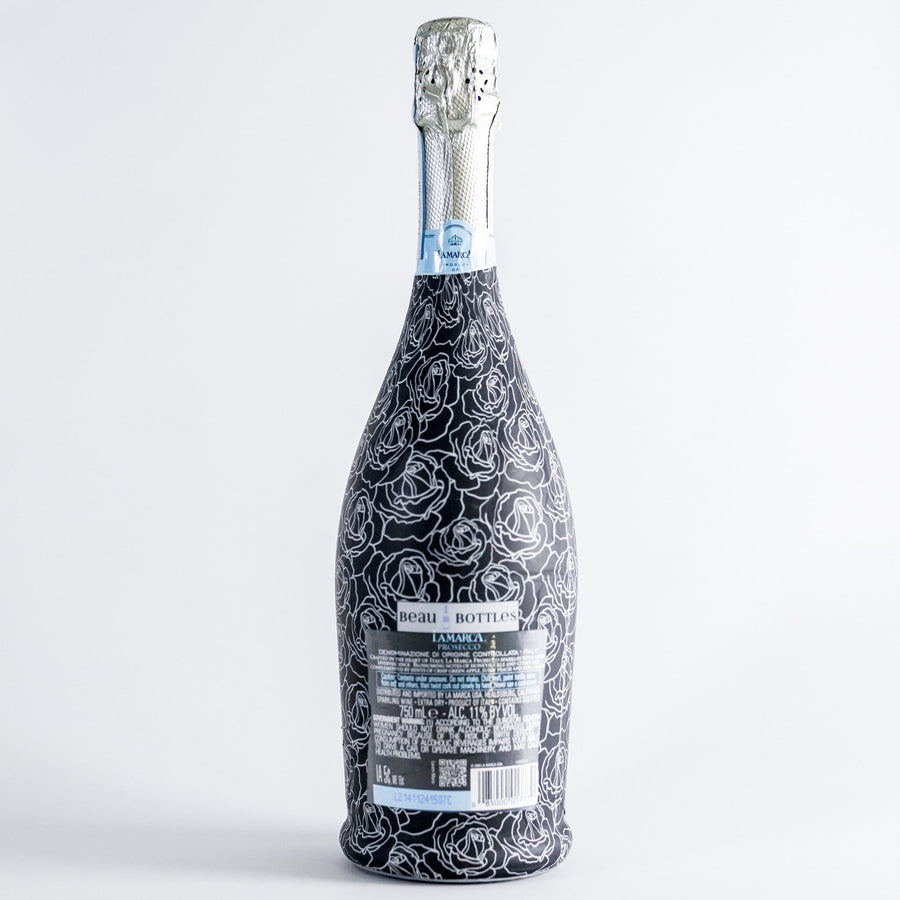 Black and White Roses Bottle Wrap on La Marca Prosecco