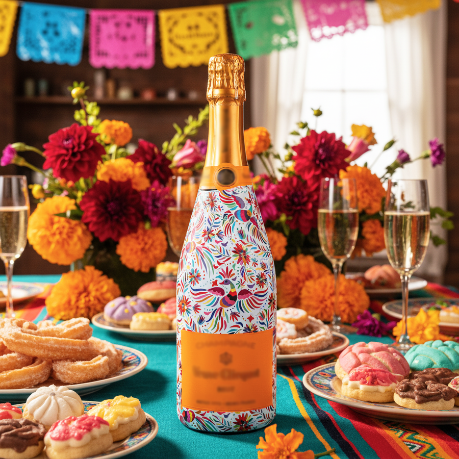 Fiesta Otomi Floral Bottle Wrap on Champagne Bottle