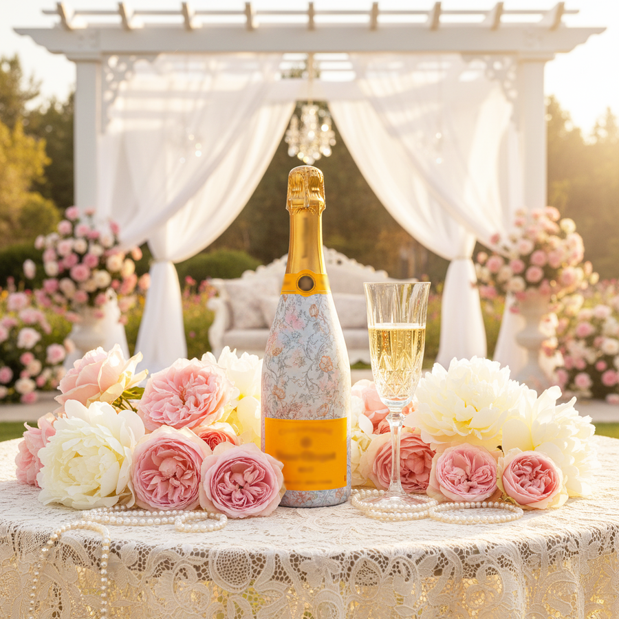 Floral Bridal Bliss Bottle Wrap on Champagne Bottle