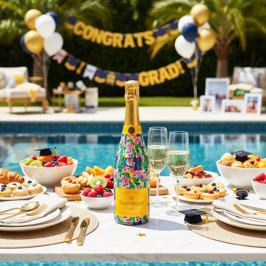 Floral Graduation Bottle Wrap on Champagne Bottle