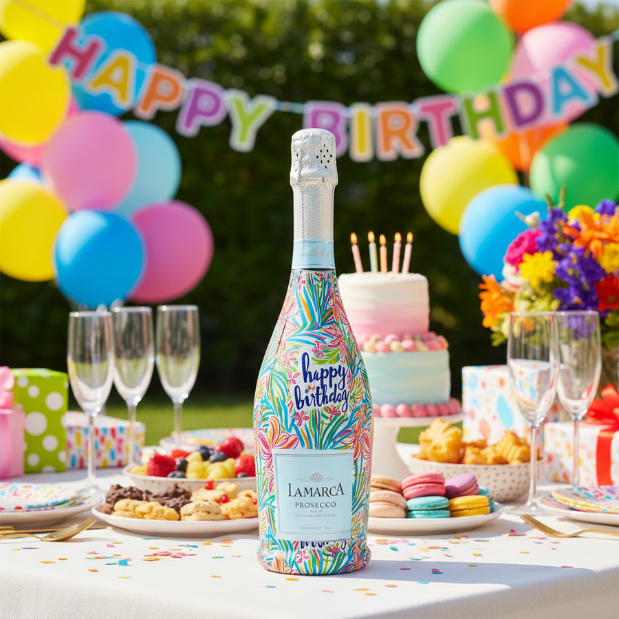 Happy Birthday Floral Bottle Wrap on La Marca Prosecco