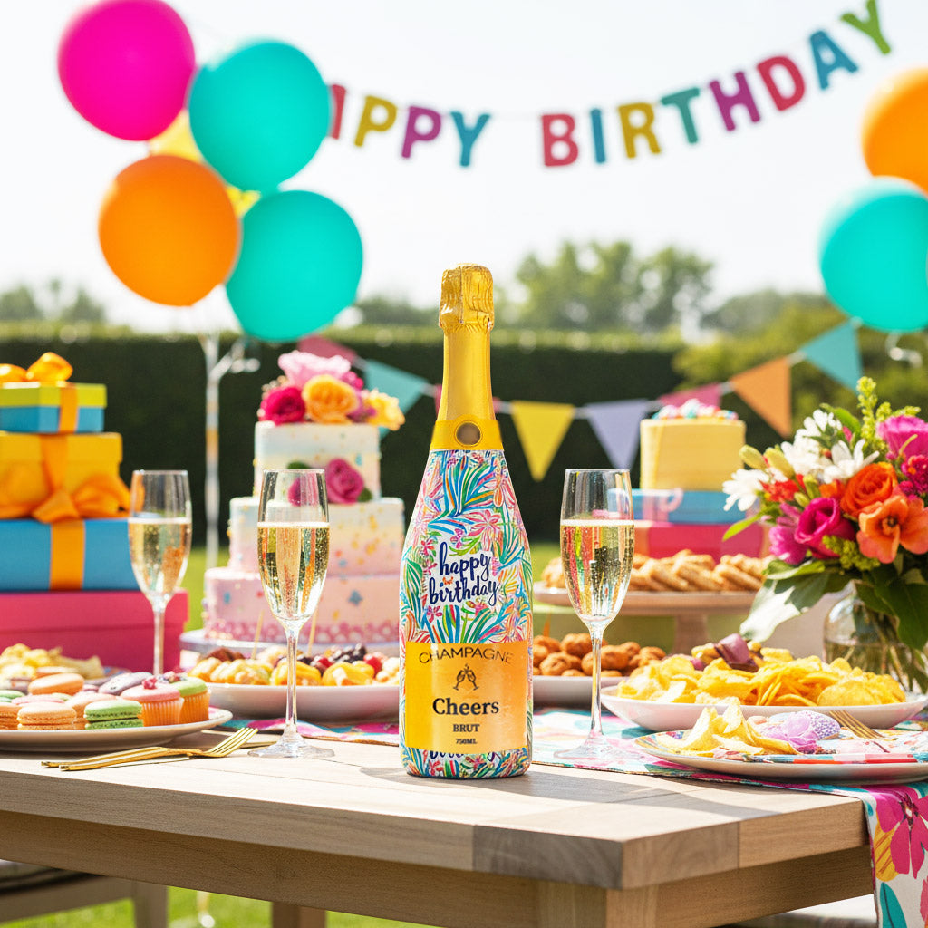 Happy Birthday Floral Champagne Bottle Wrap