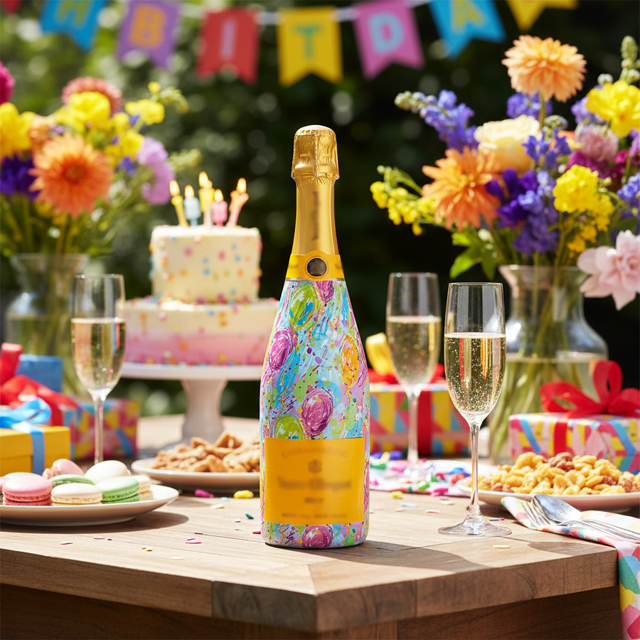 Happy Birthday Balloons Bottle Wrap on Champagne Bottle