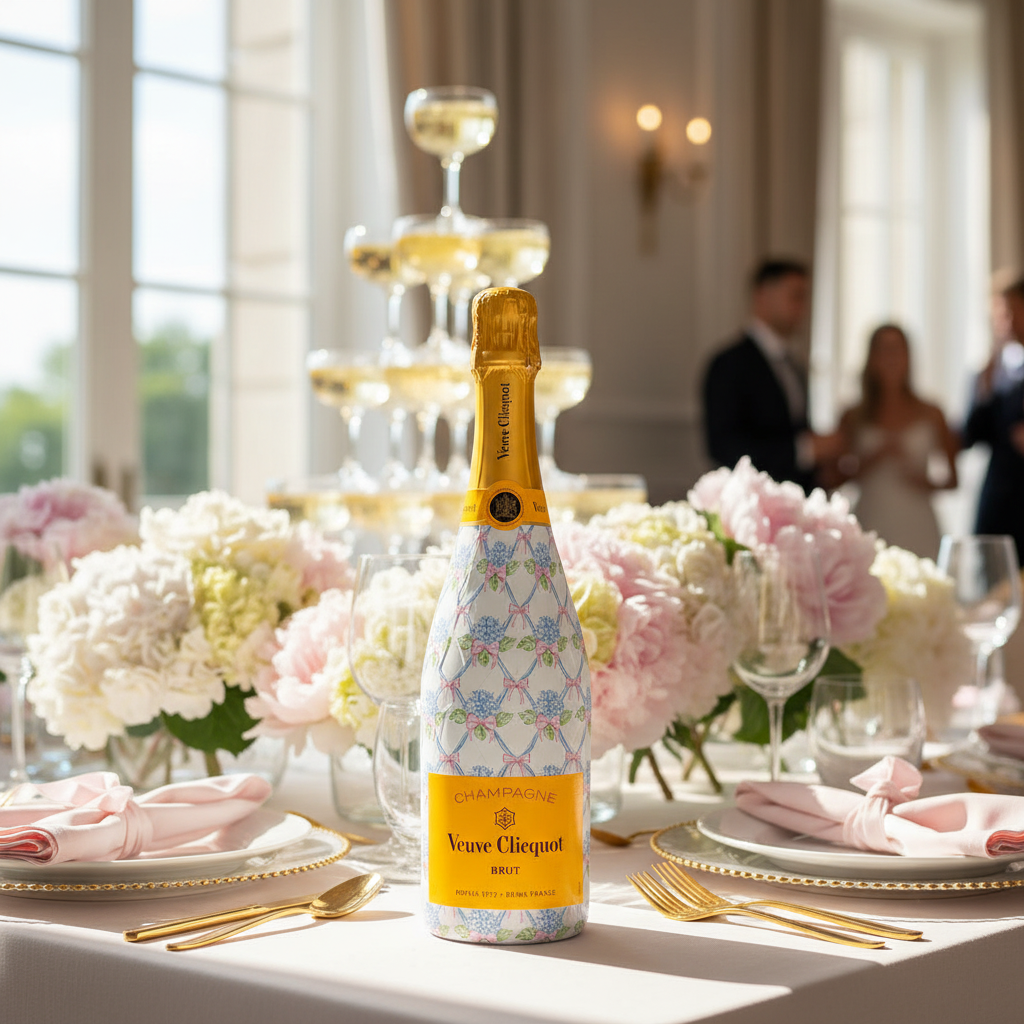 Hydrangea Lattice Champagne Bottle Wrap bottle wrap on a Veuve Clicquot champagne bottle (view 2)