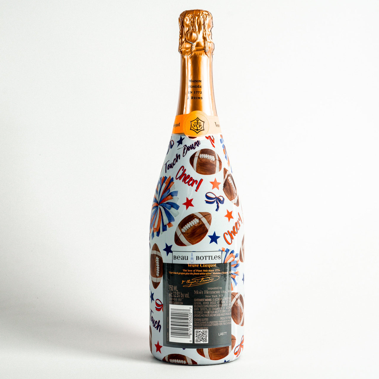 Blue and Orange Game Day Bottle Wrap on Champagne Bottle
