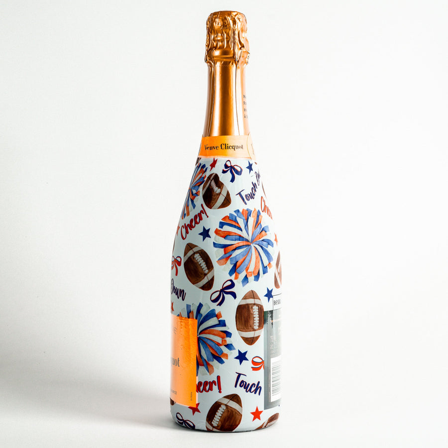 Blue and Orange Game Day Bottle Wrap on Champagne Bottle